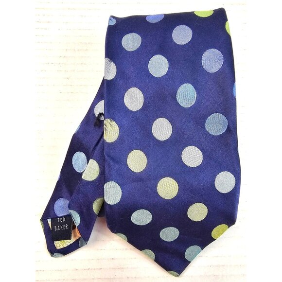 Ted Baker Mens Polka Dot Silk Tie Navy Blue Green & Yellow Hand-Tailored - Picture 1 of 7
